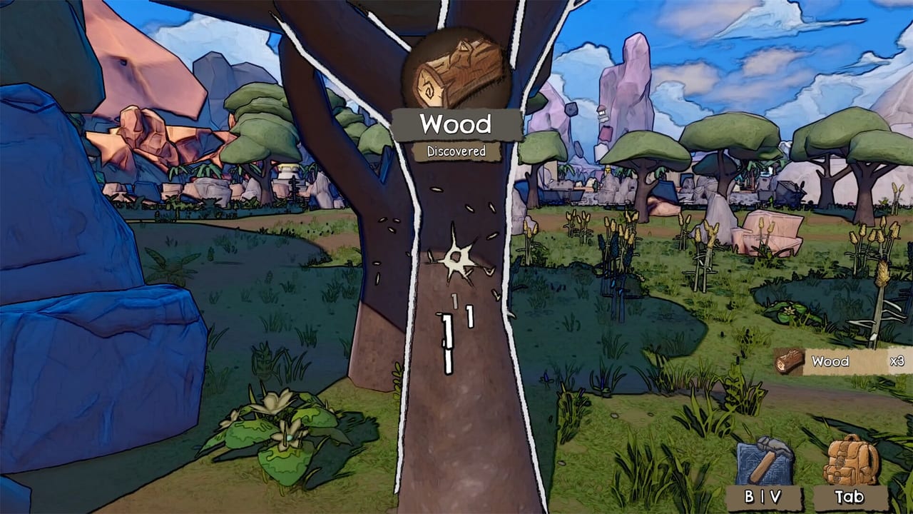 Nightwater-First-Person-Screenshot: stilisierter Baum nach der Entdeckung von Holz